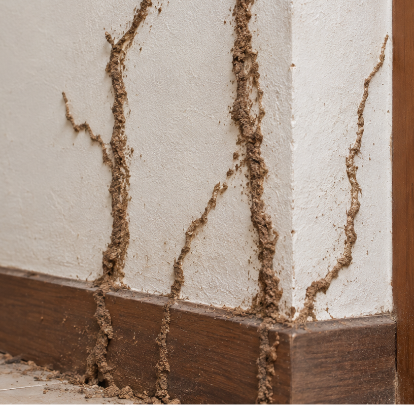 Earth trails running up plaster