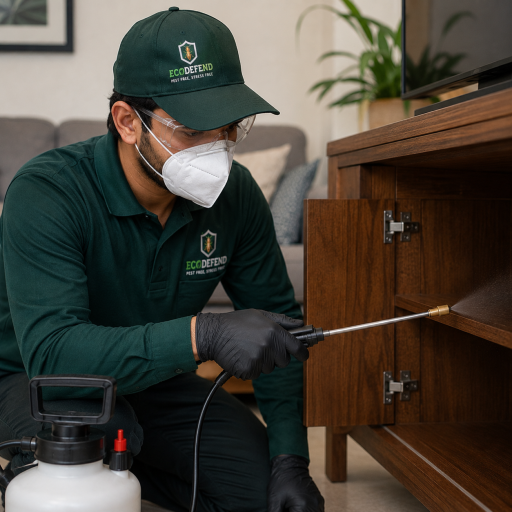 Pest Control Technician Treating Cabinet