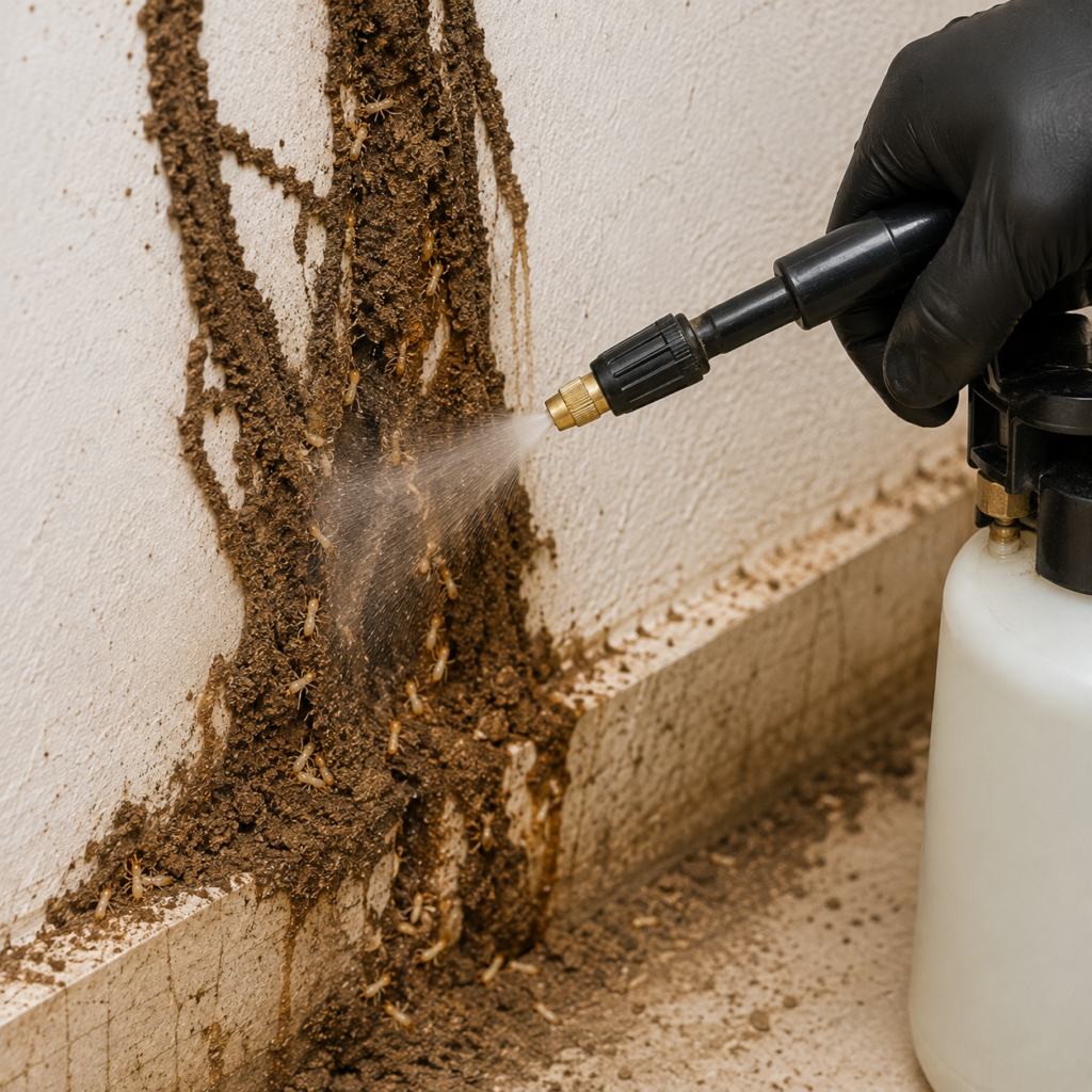 Spraying Termites Along a Wall Baseboard