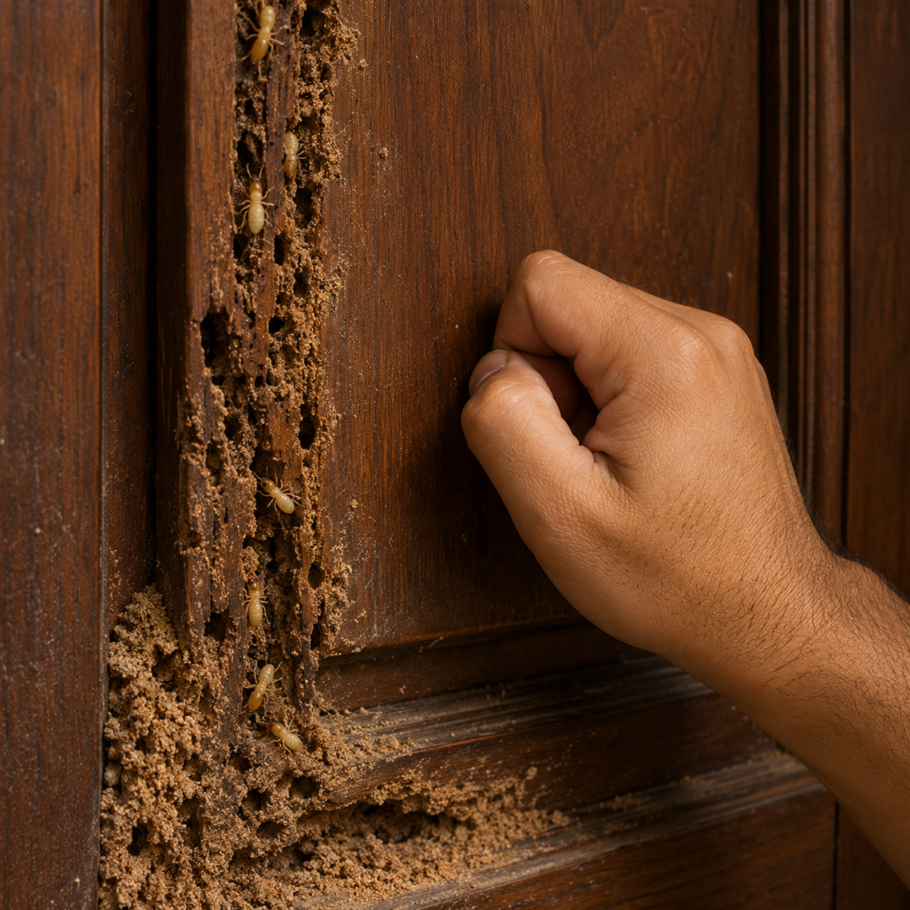 Termite Damage Beneath a Knocking Hand