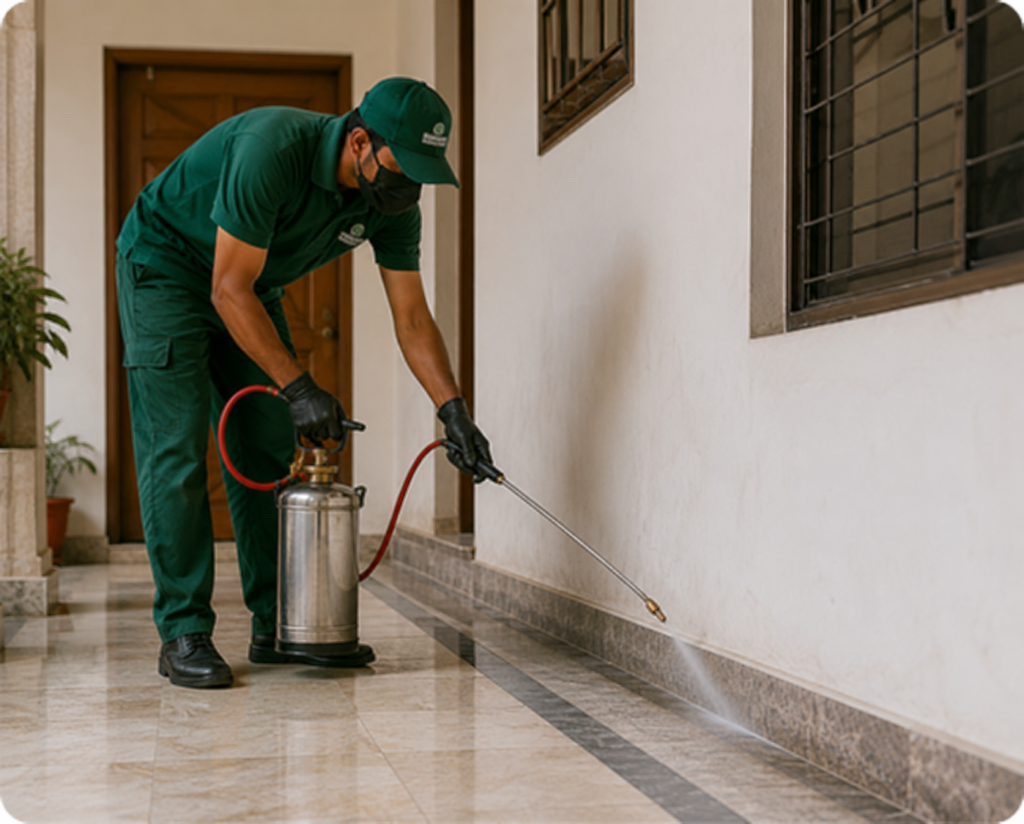 Uniformed Worker Spraying Along Baseboard